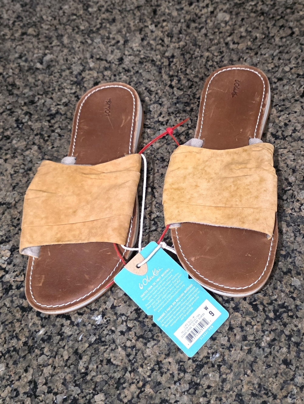 Olukai Liko 'Olu Yellow Hibiscus Sandal Hand Dyed Fabric Slides Leather Footbed